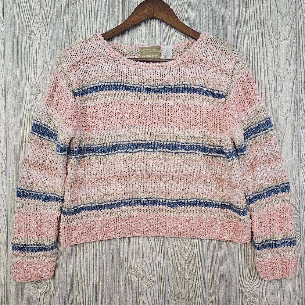 Liz Claiborne Lizwear Cottagecore Hand Knit Silk Blend Striped Sweater Women's M - Picture 3 of 7